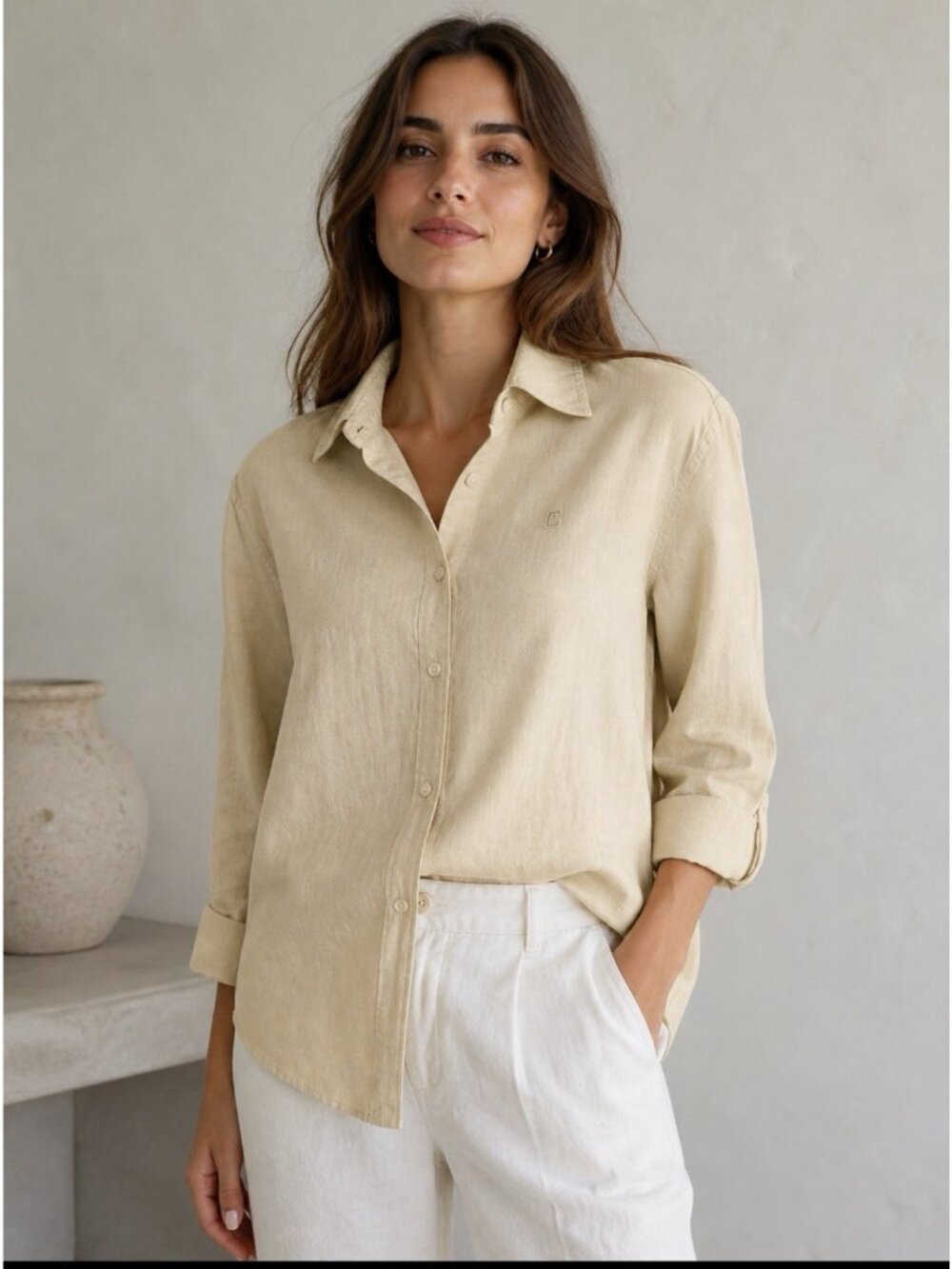 CHAPS Womens Size L Yellow Linen Button Up Blouse 3/4 Sleeve Collared Shirt